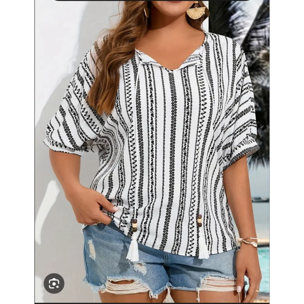 Boho Black & White Tassel Top – Size 5X – Beachy Chic Vibes (Plus Size)